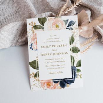 beautiful navy & pink blush blooms wedding invitation