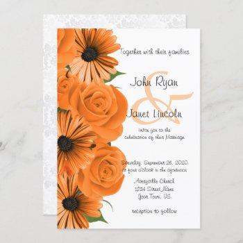 beautiful orange rose & daisy wedding invitation