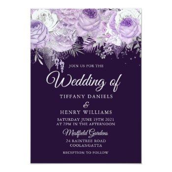 Small Beautiful Purple Sparkle Floral Wedding Invite Front View