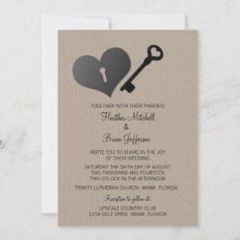 Small Beige Heart Lock And Key Wedding Invite Front View