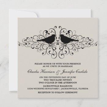 beige love bird swirls wedding invitation