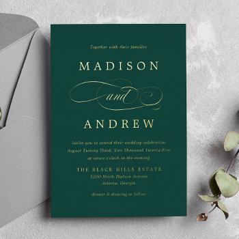 beloved emerald green and gold calligraphy wedding foil invitation