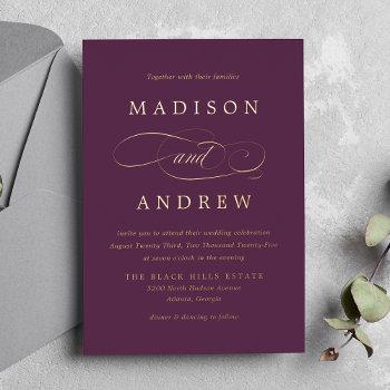 beloved purple and gold calligraphy wedding foil invitation