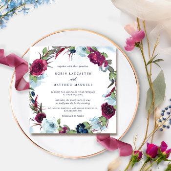berry burgundy and blue floral wreath wedding invitation