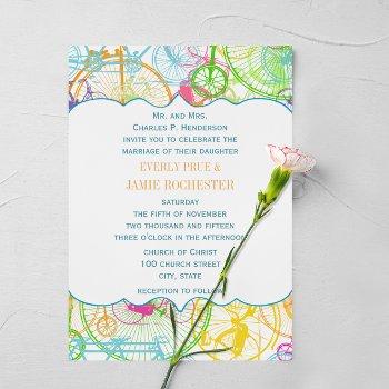 bicycle bright colors stylized vintage wedding invitation
