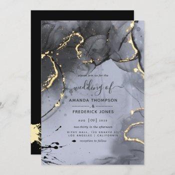 black and gold alcohol ink wedding invitation