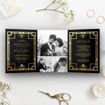 black and gold art deco photo collage wedding tri-fold invitation