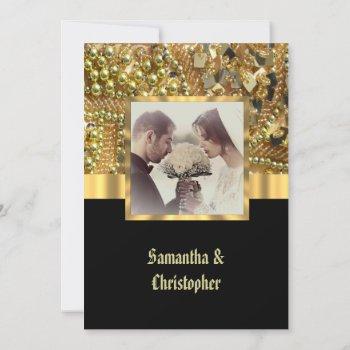 black and gold bling wedding photo invitation