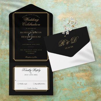 black and gold classic deco monogram wedding all in one invitation