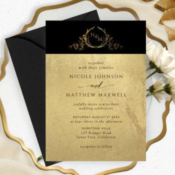 black and gold elegant monogram wedding invitation