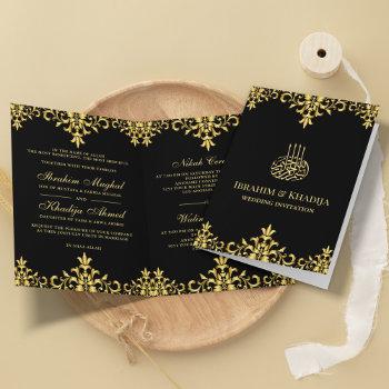 black and gold foil damask islamic wedding invitation
