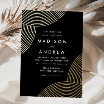black and gold geometric swirls wedding foil invitation