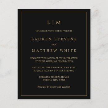 black and gold monogram budget wedding invitation