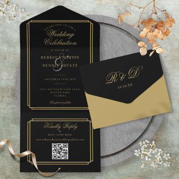 black and gold qr code art deco monogram wedding all in one invitation