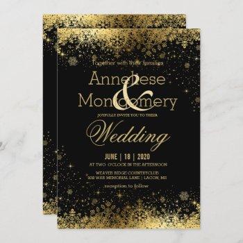 black and gold snowflakes wedding invitation