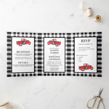 black and white buffalo plaid red truck wedding tri-fold invitation