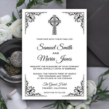 black and white celtic cross wedding invitation