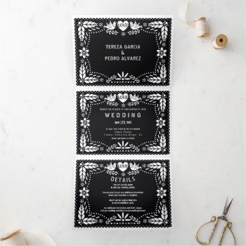 black and white papel picado love birds wedding tri-fold invitation