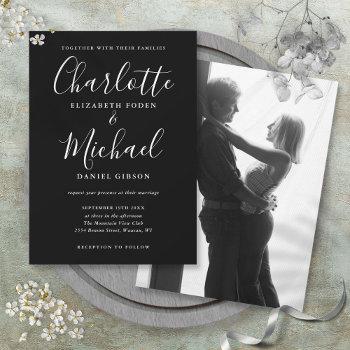 black and white script monochrome photo wedding invitation