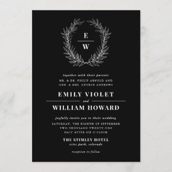 black and white wreath monogram wedding invitation