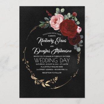 black burgundy and gold floral modern boho wedding invitation