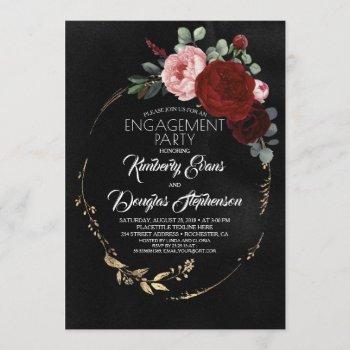 black burgundy red gold floral engagement party invitation
