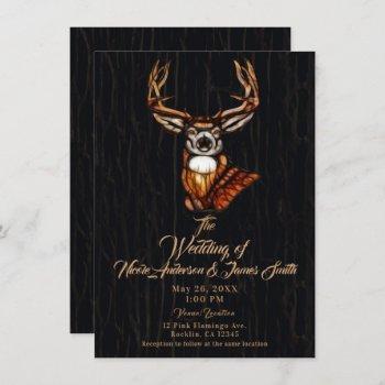 black dark wooden wood deer rustic country wedding invitation