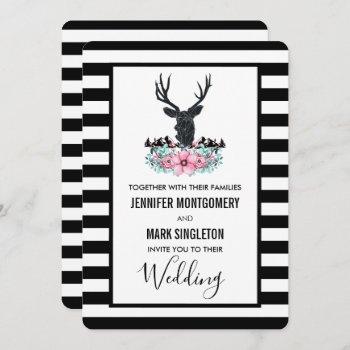 black deer head w/ pink flowers & mountain wedding invitation