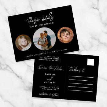 black funny budget kids getting married wedding  announcement postcard