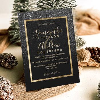 black glitter gold typography chic winter wedding invitation