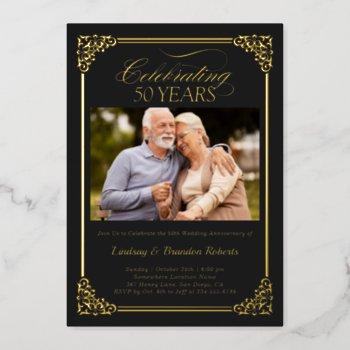 black gold 50th wedding anniversary photo foil invitation