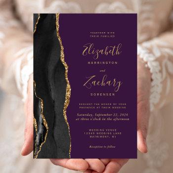 black gold agate deep purple wedding invitation
