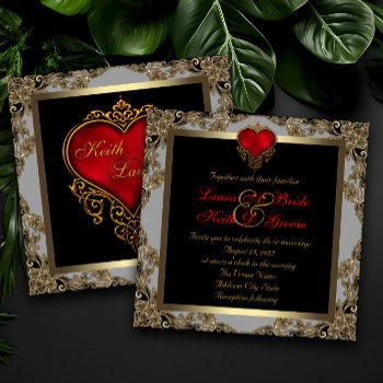 black gold and red heart wedding invitation