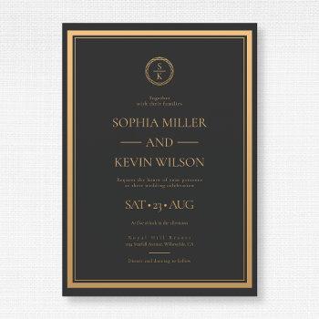 black gold elegant modern monogrammed wedding invitation
