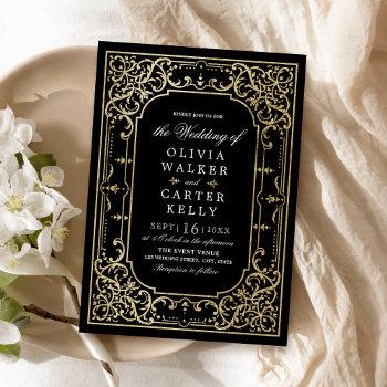 black gold elegant ornate romantic vintage wedding invitation