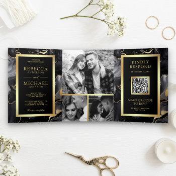 black gold fluid ink qr code wedding tri-fold invitation