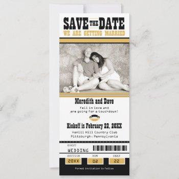 Small Black Gold Football Ticket Wedding Save The Date Front View