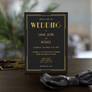 black gold gatsby deco style wedding invitations