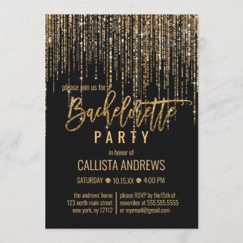 black gold glitter fringe curtain bachelorette invitation