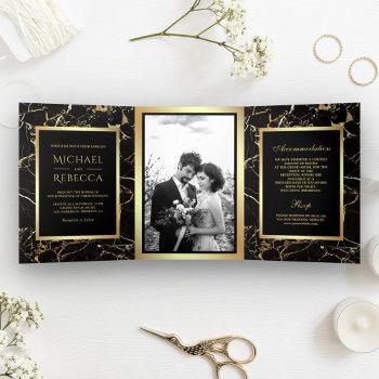 Small Black Gold Marble Faux Gold Foil Photo Wedding Tri-fold Front View