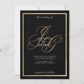 black gold monogram initials romantic wedding invitation