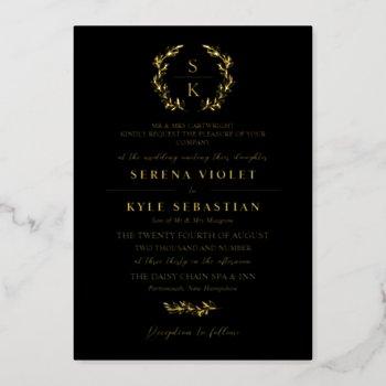 black gold typography wreath monogram wedding foil invitation