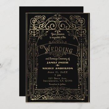 black & gold vintage victorian deco wedding invitation