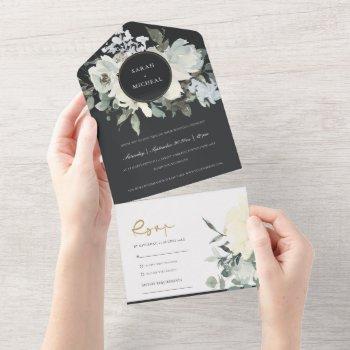 black ivory white floral watercolor bunch wedding  all in one invitation