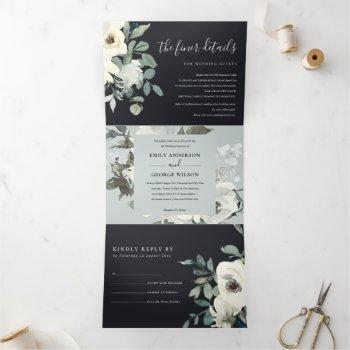 black ivory white floral watercolor bunch wedding tri-fold invitation