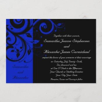 black/royal blue reverse swirl wedding invitation