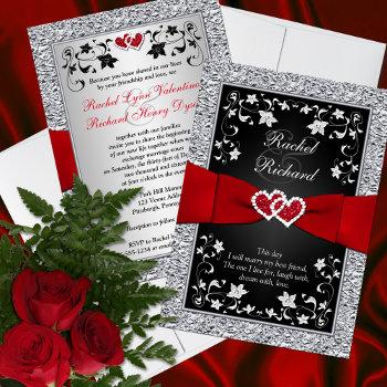 black silver red hearts, floral wedding invitation