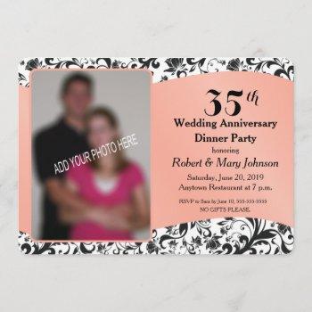 black swirl & coral 35th wedding anniversary photo invitation