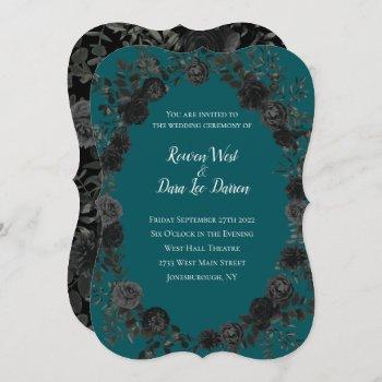 black teal rose gothic elegant wedding invitation