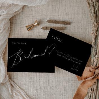 black whimsical script bridesmaid proposal card
